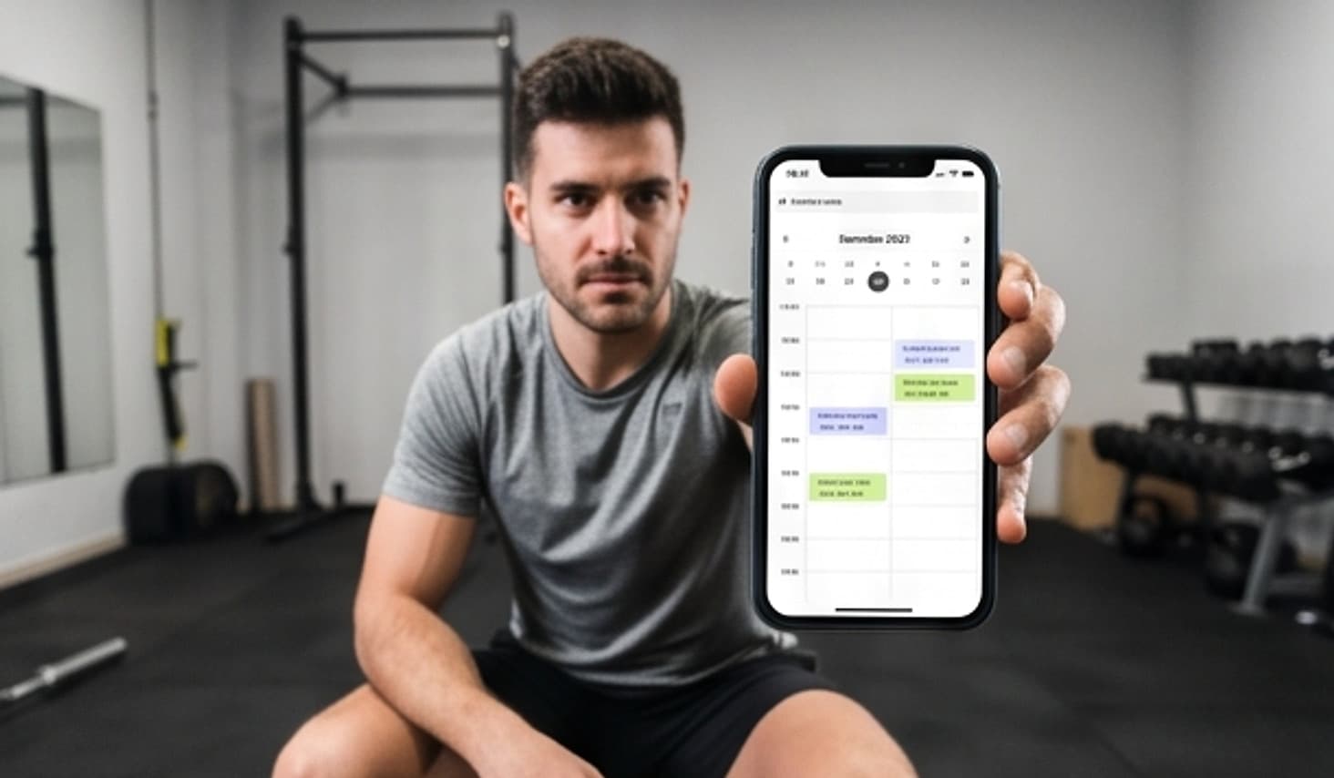 Entrenador personal en su gimnasio enseñando el calendario de reservas en el móvil